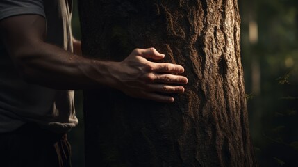 A man's hand embracing a tree trunk. Taking care of the forest. Conservation of nature. Landscaping. prohibition of cutting down trees