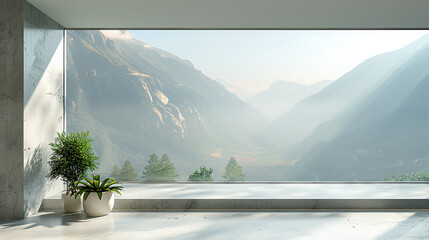 minimalist modern house interior with big window, zen home space interior, mountains landscape
