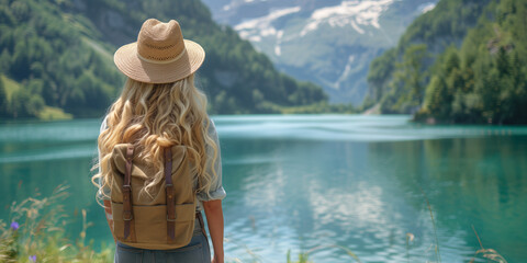 Girl tourist looks at the beautiful landscape of lake and mountains - obrazy, fototapety, plakaty
