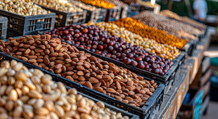 A variety of nuts in bulk at the farmer's market.