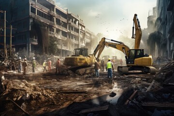 Construction site teeming with heavy machinery and workers, Construction Site Backhoe Excavator, Construction Site Backhoe Excavator, AI generated