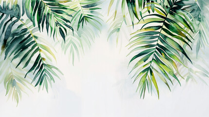 Fototapeta na wymiar watercolor green palm leaves on a light background, detailed, hyper realistic painting in the style of oil, atmospheric, light colors