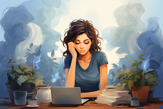 The girl is sitting at the table and looking at the laptop, tiredness and emotional burnout from work. illustration concept of overload in the workplace.