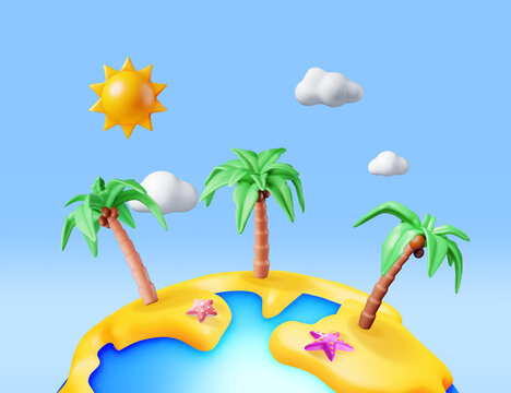 3D Landscape of Palm Tree on Beach. Render Tropical Island with Starfish. Sun with Clouds. Concept of Summer Vacation. Summer Holiday, Time to Travel. Beach Relaxation. Realistic Vector Illustration
