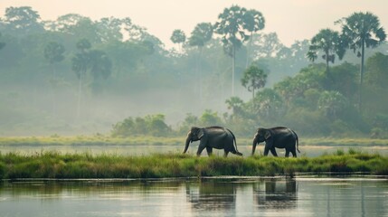 Wild Elephants Roaming by Water in Misty Jungle