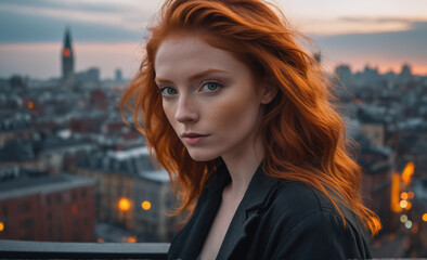 Obraz premium Portrait of a beautiful red-haired model, a ginger model with a face of beauty and red hair, noir, contrast, color paint, multiple colors, city at background , detailedPortrait of a beautiful red-hair