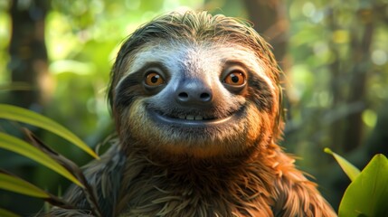 Fototapeta premium Smiling Sloth Up-Close in a Vibrant Rainforest Setting