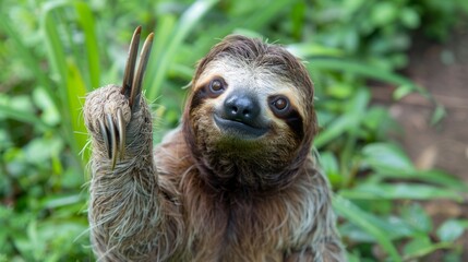 Obraz premium Friendly Sloth Waving in a Lush Green Jungle