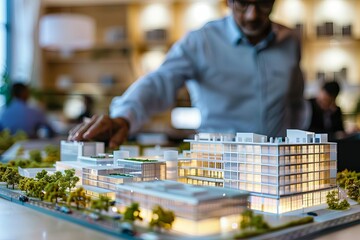 Visionary real estate developer presenting a scale model of a new business office complex, showcasing innovation and growth