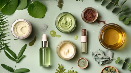 Organic Skincare Essentials with Natural Ingredients on Green Background