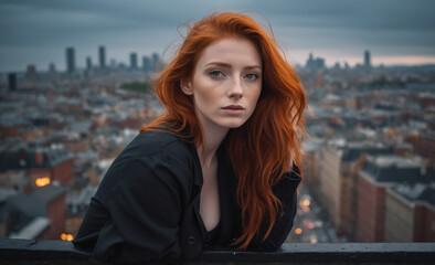 Obraz premium Portrait of a beautiful red-haired model, a ginger model with a face of beauty and red hair, noir, contrast, color paint, multiple colors, city at background , detailedPortrait of a beautiful red-hair
