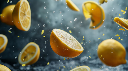 Isolated flying limes. Falling sliced lemon fruit - obrazy, fototapety, plakaty