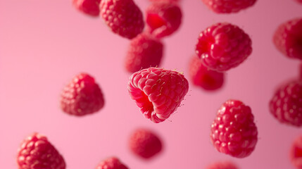 falling raspberries on light pink background, horizontal composition
