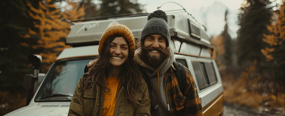 Obraz premium Travel.Young married couple relaxing near a campfire near their camper in the forest near a lake, traveling in a van, campervan, wilderness, traveler with trailer, glamping, road travel