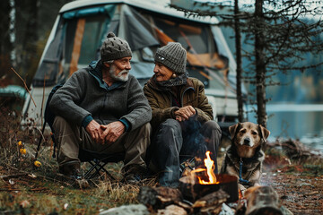 Travel.Young married couple relaxing near a campfire near their camper in the forest near a lake, traveling in a van, campervan, wilderness, traveler with trailer, glamping, road travel