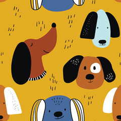 Vector seamless repeating childish pattern with cute dogs in Scandinavian style. Animals background with dog, pets, puppy for invitation, poster, card, flyer, textile, fabric - obrazy, fototapety, plakaty