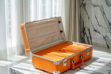 An orange suitcase is placed atop a sleek marble floor, creating a contrast between the vibrant color and the elegant flooring