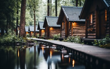 Fototapeta na wymiar A picturesque row of cabins nestled beside a tranquil body of water, creating a scene of peaceful retreat