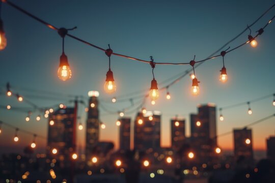 Cinematic photo of string lights hanging from rooftop, Los Angeles skyline in the background, evening light casting long shadows over buildings Generative AI