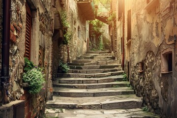 Fototapeta na wymiar Vintage Italian alleyway with old stone walls and worn stairs, concept photo