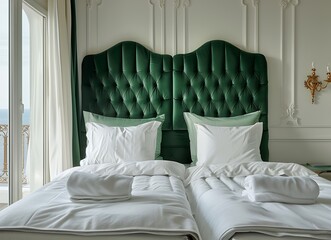interior of a luxury hotel room with two beds, a green velvet headboard and white sheets, a balcony view of the sea in a Mediterranean style building