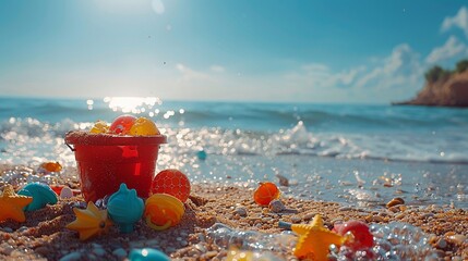 Sandspielzeug am Strand, made by AI - obrazy, fototapety, plakaty