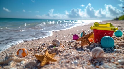 Sandspielzeug am Strand, made by AI - obrazy, fototapety, plakaty