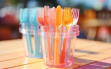 A vibrant group of plastic forks assembled in a cup on a table, ready for action