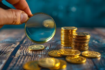 A hand holding a magnifying glass over a stack of gold coins on a wooden table with a blue background