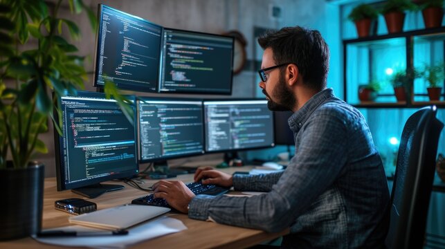 A software developer works on code late into the night, illuminated by the glow of multiple computer screens in a modern office. AIG41