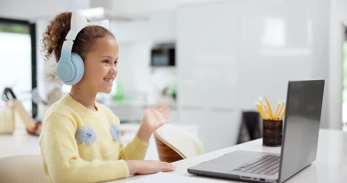 Happy girl, conversation and video call with headphones on laptop for elearning, virtual classroom or education at home. Little child, kid or young student waving hello for online class at the house