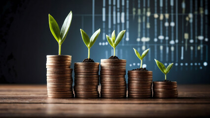 coins charts in ascending order with plant growing on top representing financial development in business, showcasing increasing profit growth with upward trending graphs, currency symbols, and corpora - obrazy, fototapety, plakaty