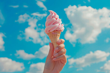 A woman's hand holding a pink strawberry ice cream cone in blue sky background