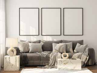 Frame mockup, ISO A paper size. Living room wall poster mockup. Interior mockup with house background. Modern interior design. 3D render
- 773416096