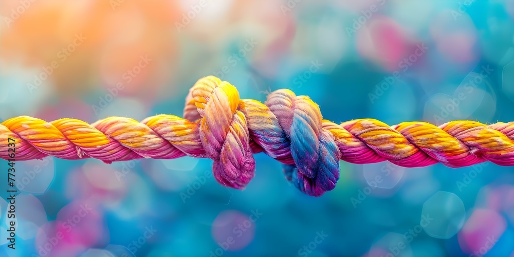 Aufkleber closeup of intertwined ropes symbolizing teamwork strength and unity against a blurred colorful back