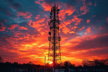 modern conceptual telecommunication tower Antenna and satellite dish at sunset sky background - obrazy, fototapety, plakaty