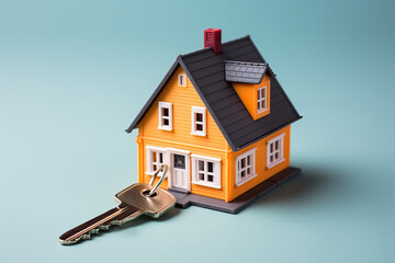 Small house mockup on background with keys, concept of selling buying houses.