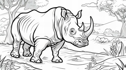 coloring book rhino cartoon illustration, drawing outline for children