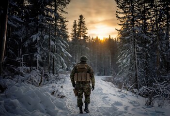 Soldat in einem verschneiten Wald - obrazy, fototapety, plakaty