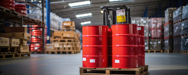 Red industrial barrels stacked on a wooden pallet in a warehouse