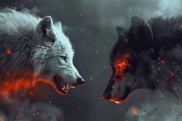 White Wolf vs Black Wolf Fantasy Duel, Good and Evil Concept Art Illustration - obrazy, fototapety, plakaty