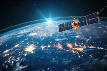 Foto op Plexiglas Space satellites with antenna solar panels that support global connectivity in telecommunications high speed Internet Generative AI © ungvar