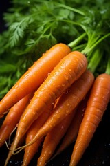  bunch of fresh carrots in drops of water on a dark background, close-up. Vertical conceptual creative banner for social network, media