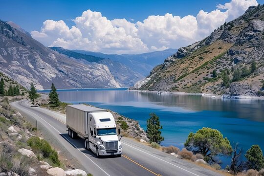 White semi truck transporting cargo on road near lake, commercial freight transportation landscape photo