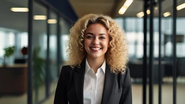 Portrait of successful happy businesswoman in modern office. Blonde woman with curly hair in business suit smiles at camera.