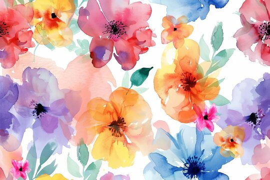 Whimsical watercolor seamless pattern with colorful flowers, hand-painted illustration