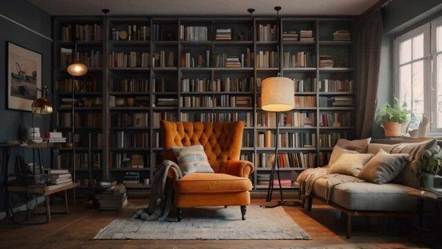 Cozy Hygge Reading Nook Curl up with a good book and a warm blanket. An oversized armchair beckons surrounded by stacked bookshelves and vintage lamps created with generative ai	
