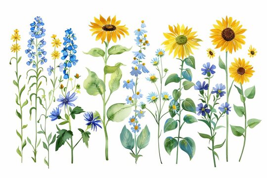 Whimsical Watercolor Meadow Flowers - Common Tansy, Sunflowers, Blue Wildflowers Clipart Illustration Set, Hand Drawn Botanical Art