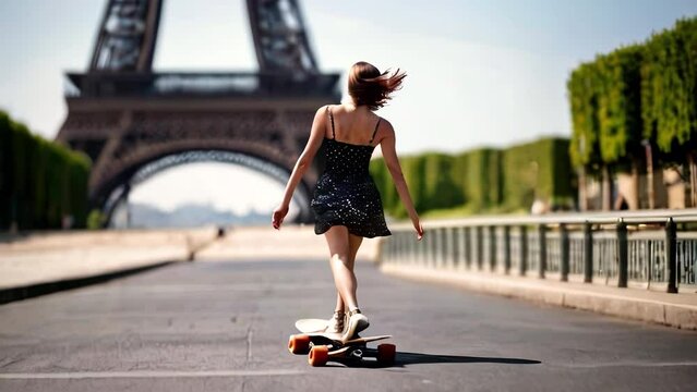 Young slender woman in light dress rides skateboard near Eiffel head, back view. Walking around capital of France on sunny summer day.
