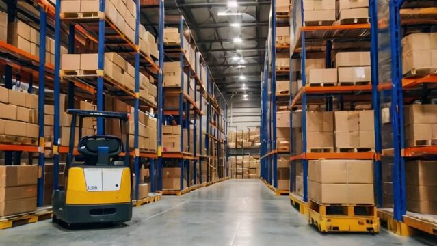Logistics distribution center, Forklift in retail warehouse filled with shelves with products in cardboard boxes created with generative ai